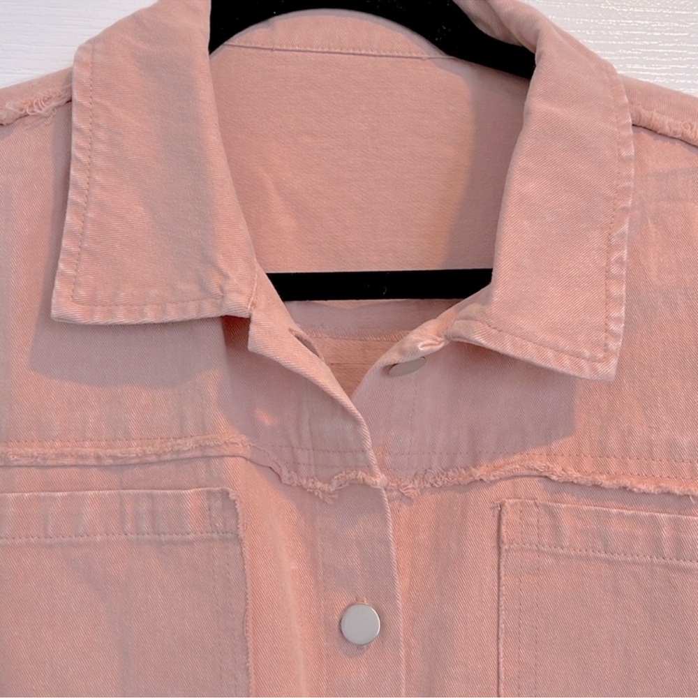 New Boutique Pink and Plaid Button-Up Lightweight Shacket/Jacket Distressed Hem - Picture 3 of 6